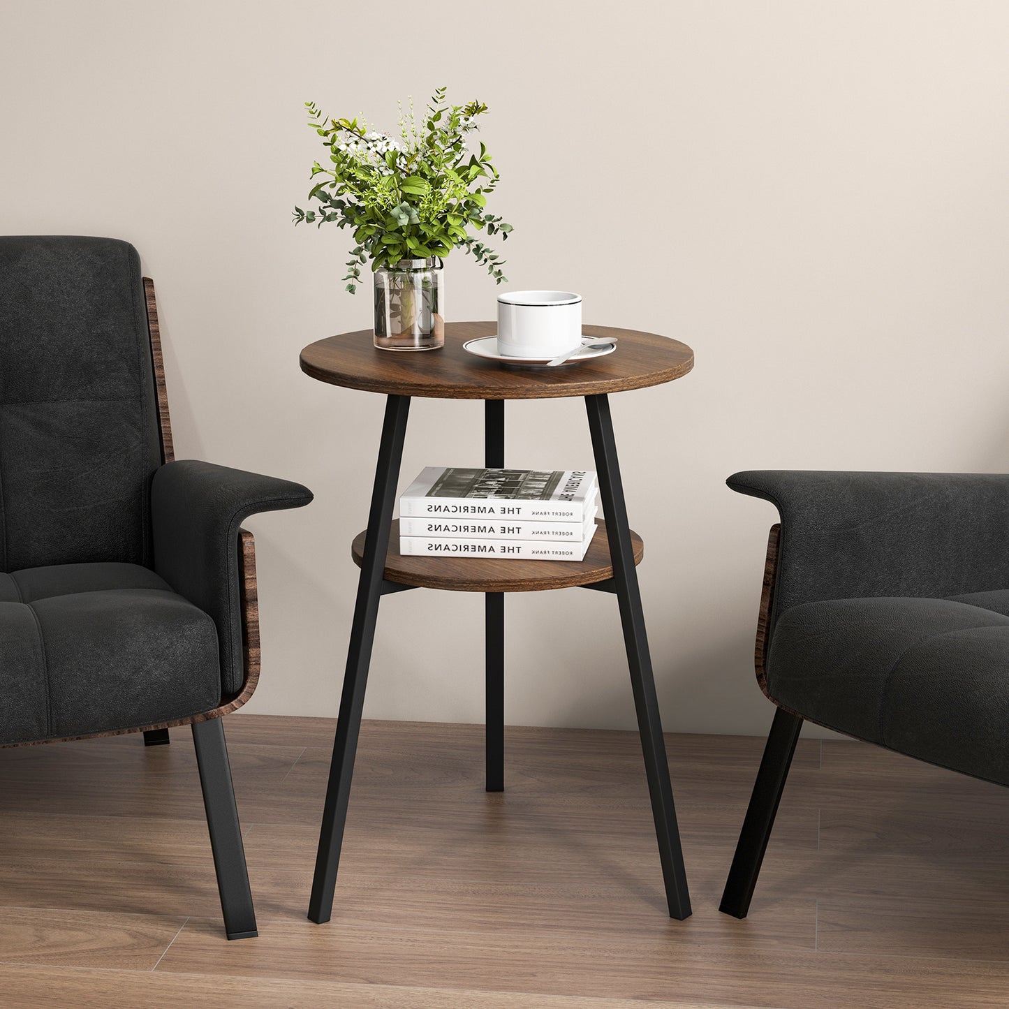 2 Pack 2-Tier Wooden Round Side Table with Storage Shelf-Walnut