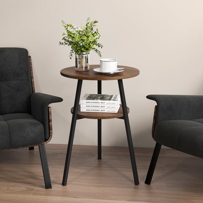 2 Pack 2-Tier Wooden Round Side Table with Storage Shelf-Walnut