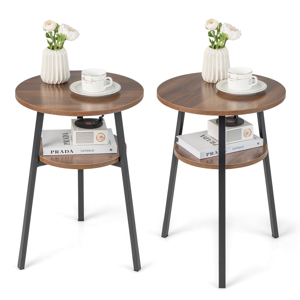 2 Pack 2-Tier Wooden Round Side Table with Storage Shelf-Walnut
