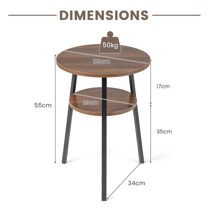 2 Pack 2-Tier Wooden Round Side Table with Storage Shelf-Walnut