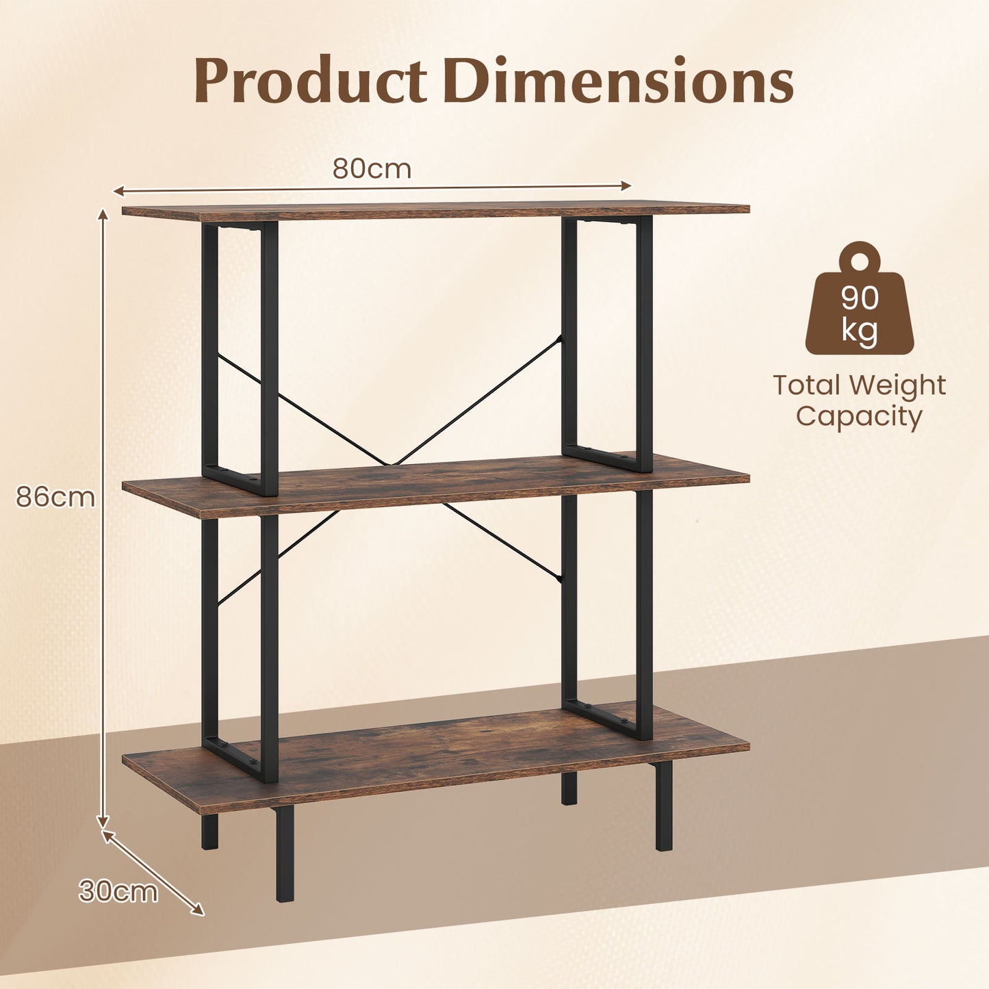 2-Pack 3-Tier Industrial Bookshelf with Open Shelves for Living Room Study-Rustic Brown