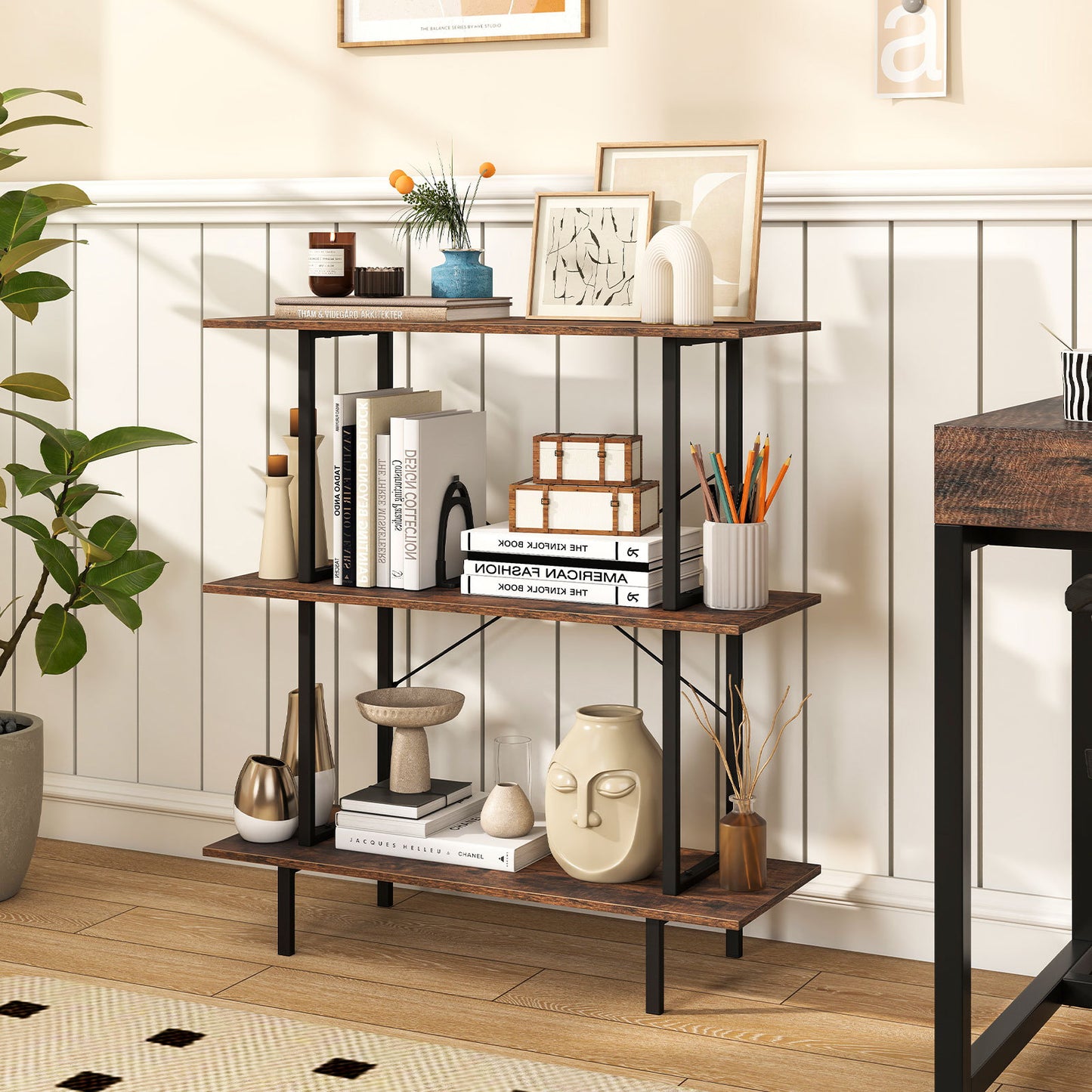 2-Pack 3-Tier Industrial Bookshelf with Open Shelves for Living Room Study-Rustic Brown
