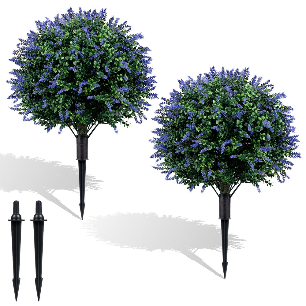 2 Pack Artificial Lavender Boxwood Topiary Ball Trees with Ground Spikes