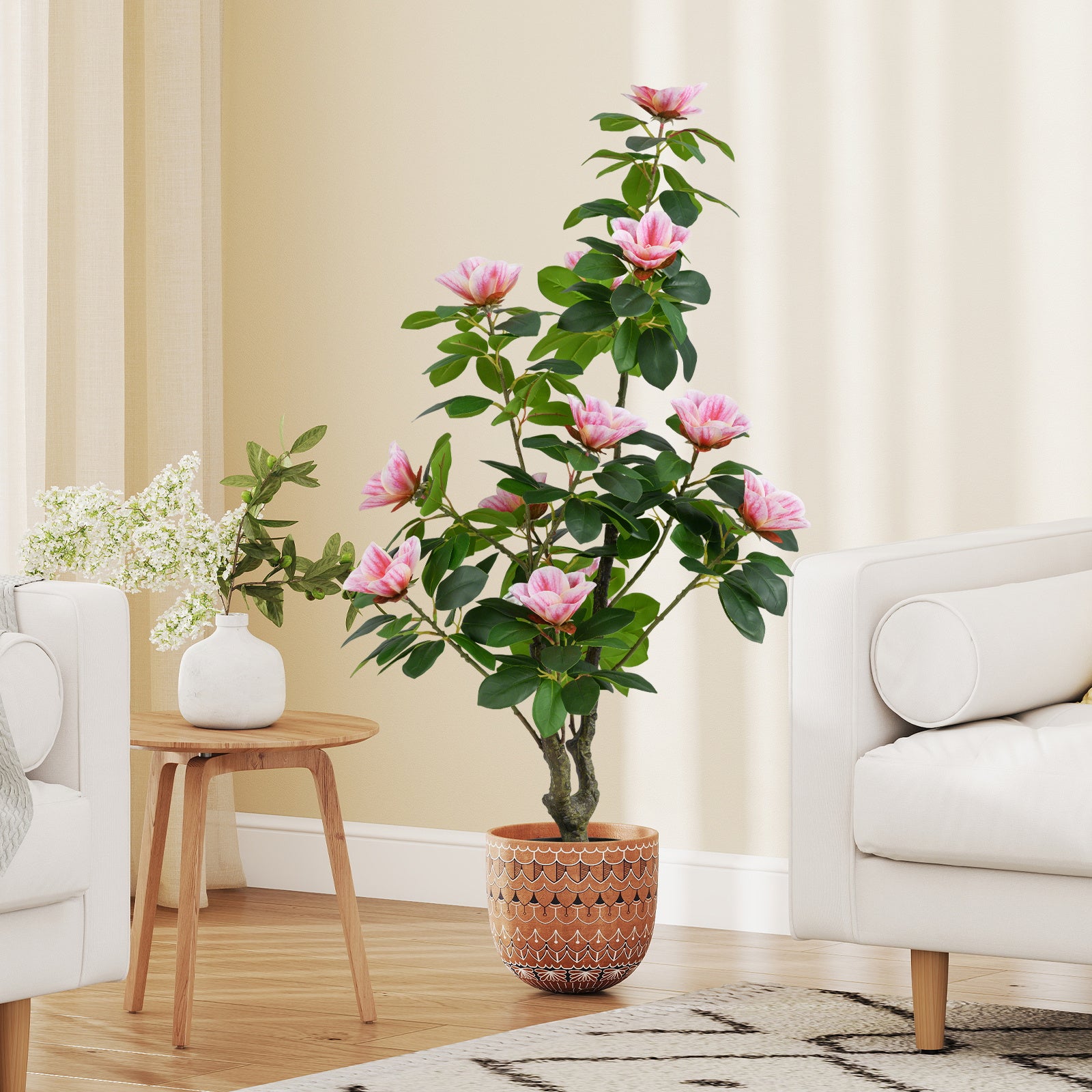2 Pack Artificial Magnolia Tree Faux Flower Plant in Nursery Pot-Pink