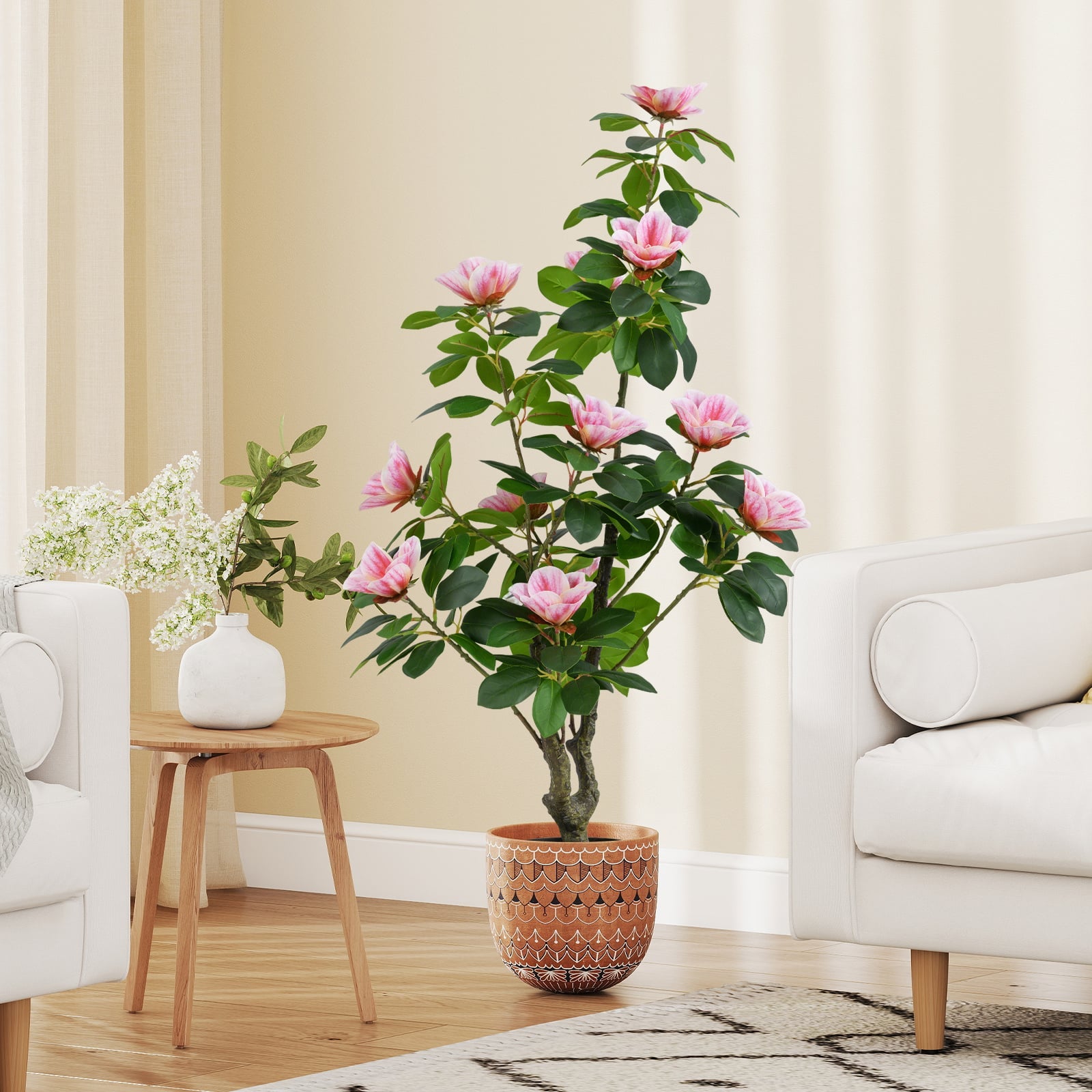 2 Pack Artificial Magnolia Tree Faux Flower Plant in Nursery Pot-Pink