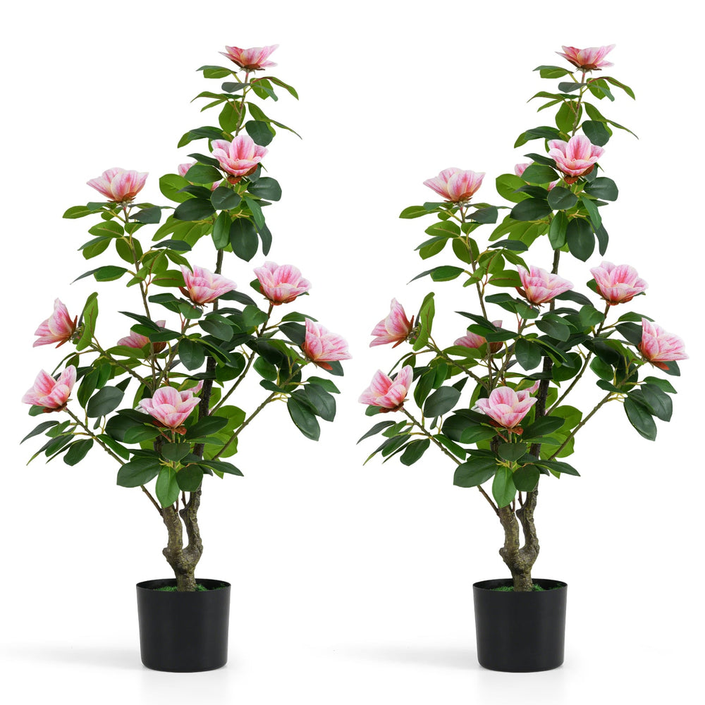 2 Pack Artificial Magnolia Tree Faux Flower Plant in Nursery Pot-Pink