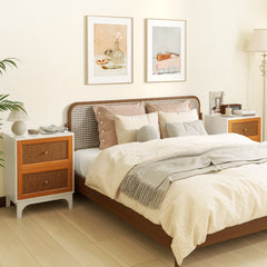 2 Pack Boho Nightstands with 2 Handwoven Rattan Decorated Drawers-White