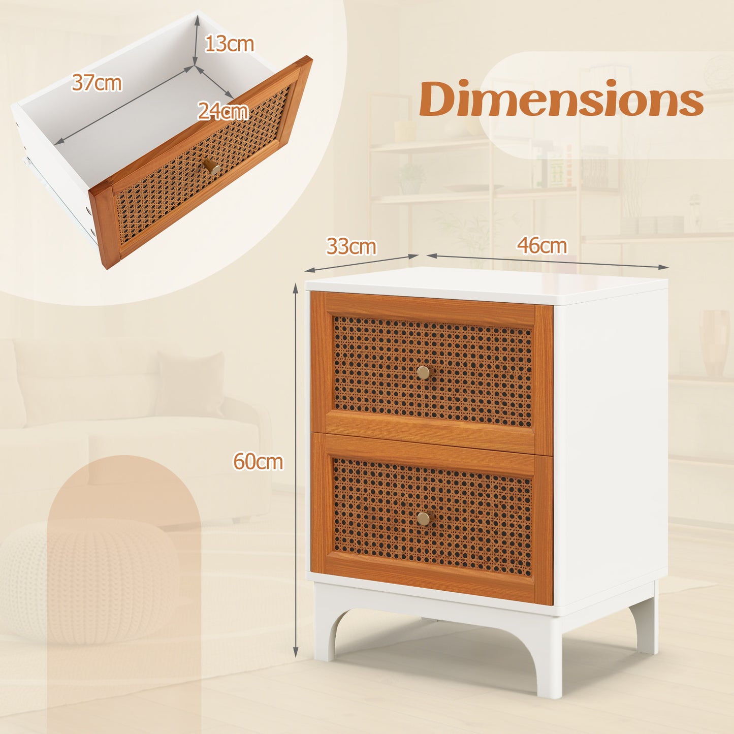 2 Pack Boho Nightstands with 2 Handwoven Rattan Decorated Drawers-White