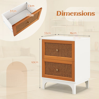 2 Pack Boho Nightstands with 2 Handwoven Rattan Decorated Drawers-White