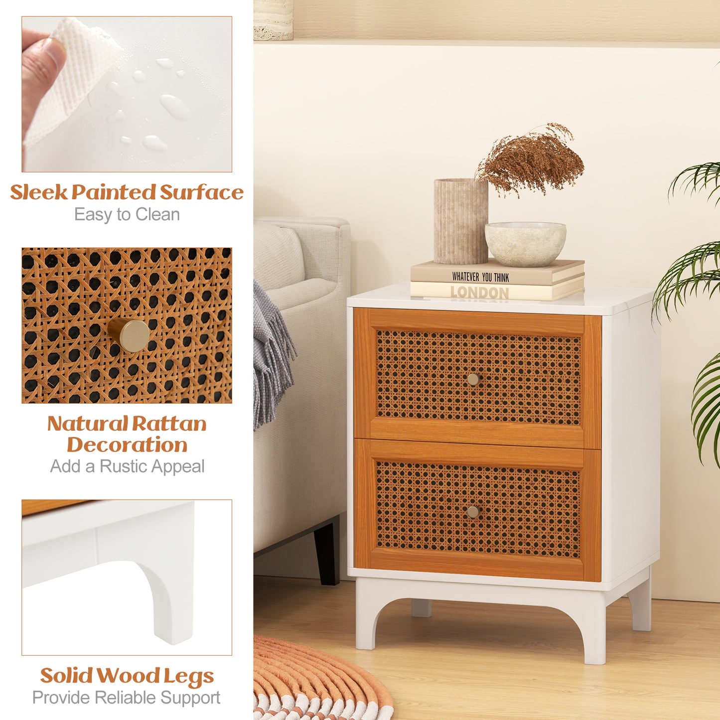 2 Pack Boho Nightstands with 2 Handwoven Rattan Decorated Drawers-White
