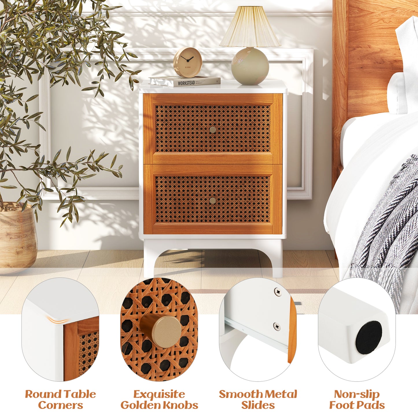 2 Pack Boho Nightstands with 2 Handwoven Rattan Decorated Drawers-White