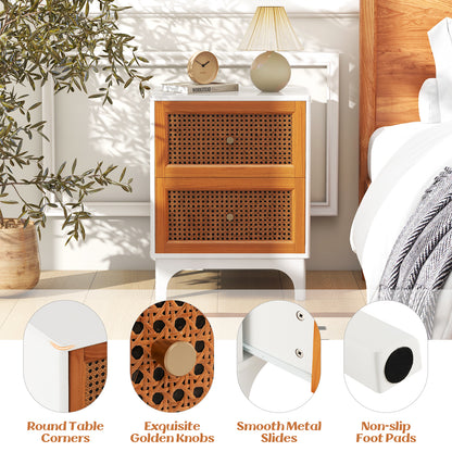 2 Pack Boho Nightstands with 2 Handwoven Rattan Decorated Drawers-White