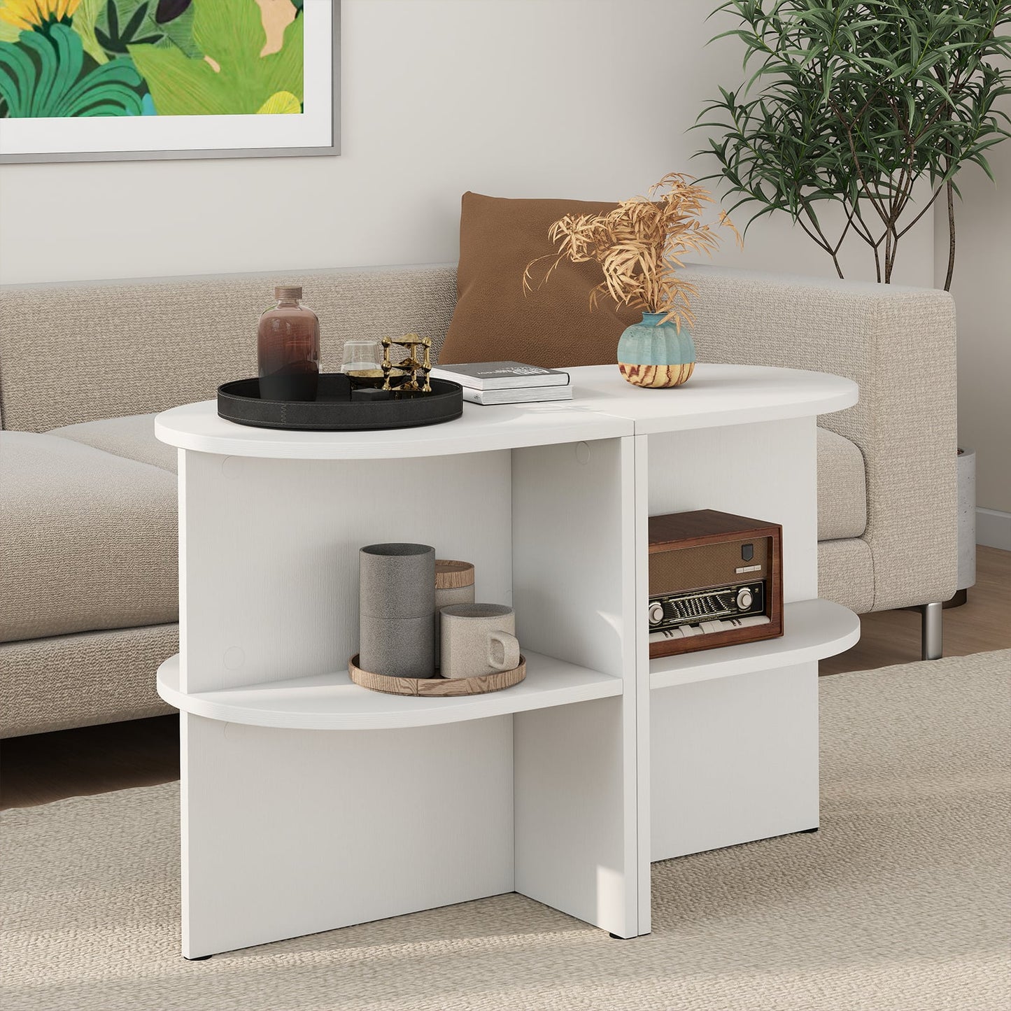 2 Pack Half Round End Table 2-Tier Half Moon Side Table with Open Shelves-White