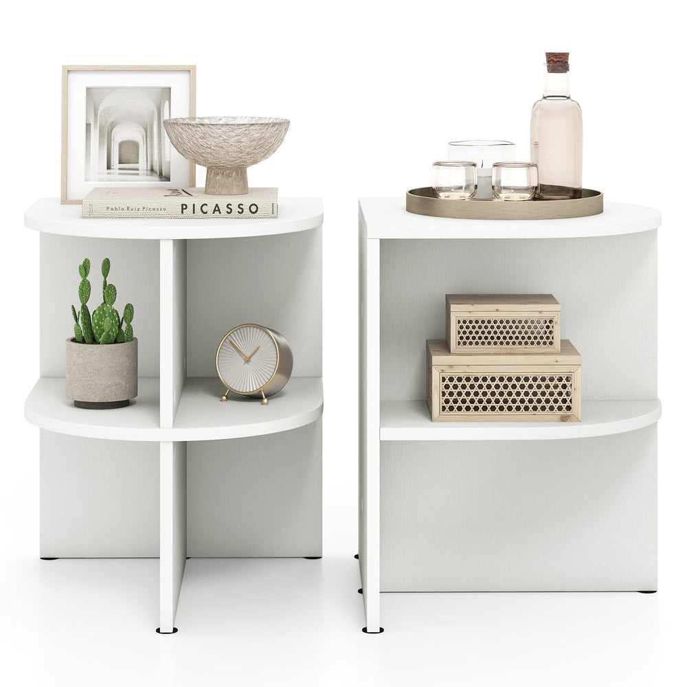 2 Pack Half Round End Table 2-Tier Half Moon Side Table with Open Shelves-White