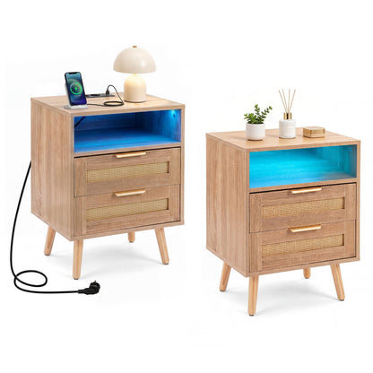 2 Pack LED Lights Rattan Bedside Table with Charging Station 2 Drawers