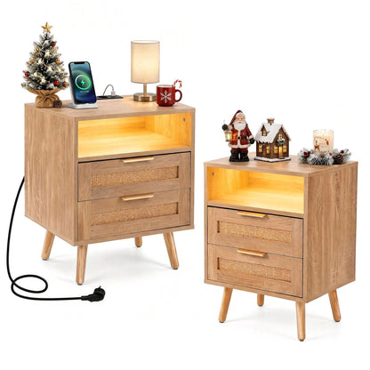 2 Pack LED Lights Rattan Bedside Table with Charging Station 2 Drawers