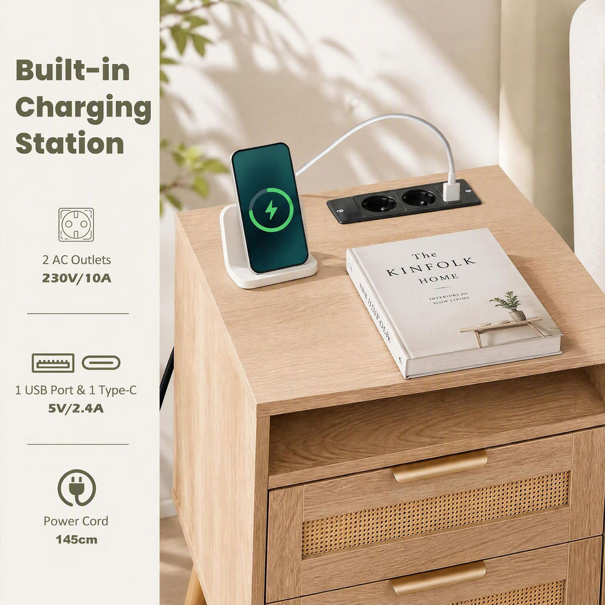 2 Pack LED Lights Rattan Bedside Table with Charging Station 2 Drawers