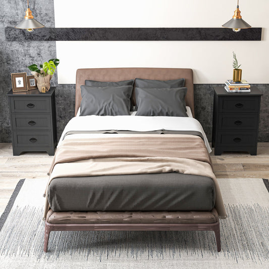 2 Pack Vintage 3-Tier Nightstand with Exquisite Metal Handles-Black