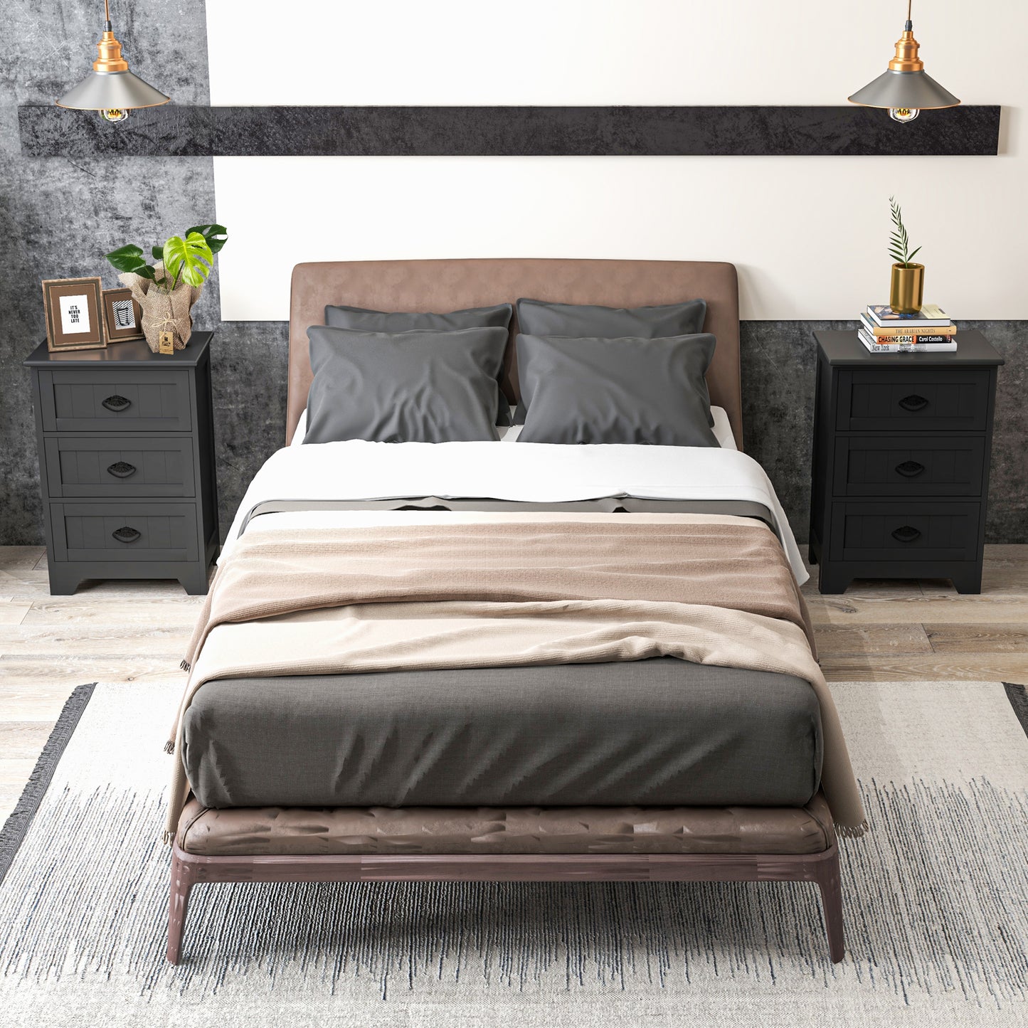2 Pack Vintage 3-Tier Nightstand with Exquisite Metal Handles-Black