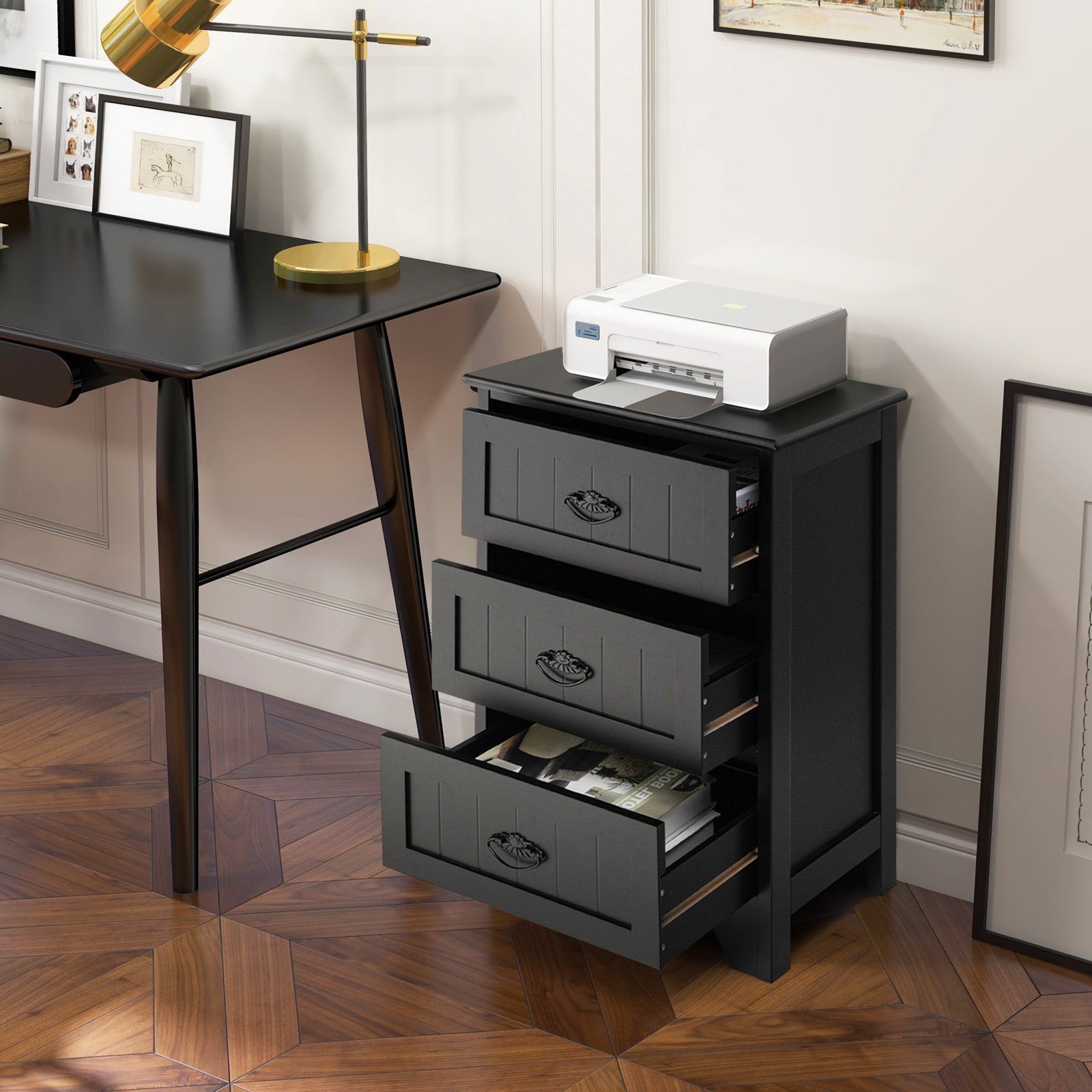 2 Pack Vintage 3-Tier Nightstand with Exquisite Metal Handles-Black