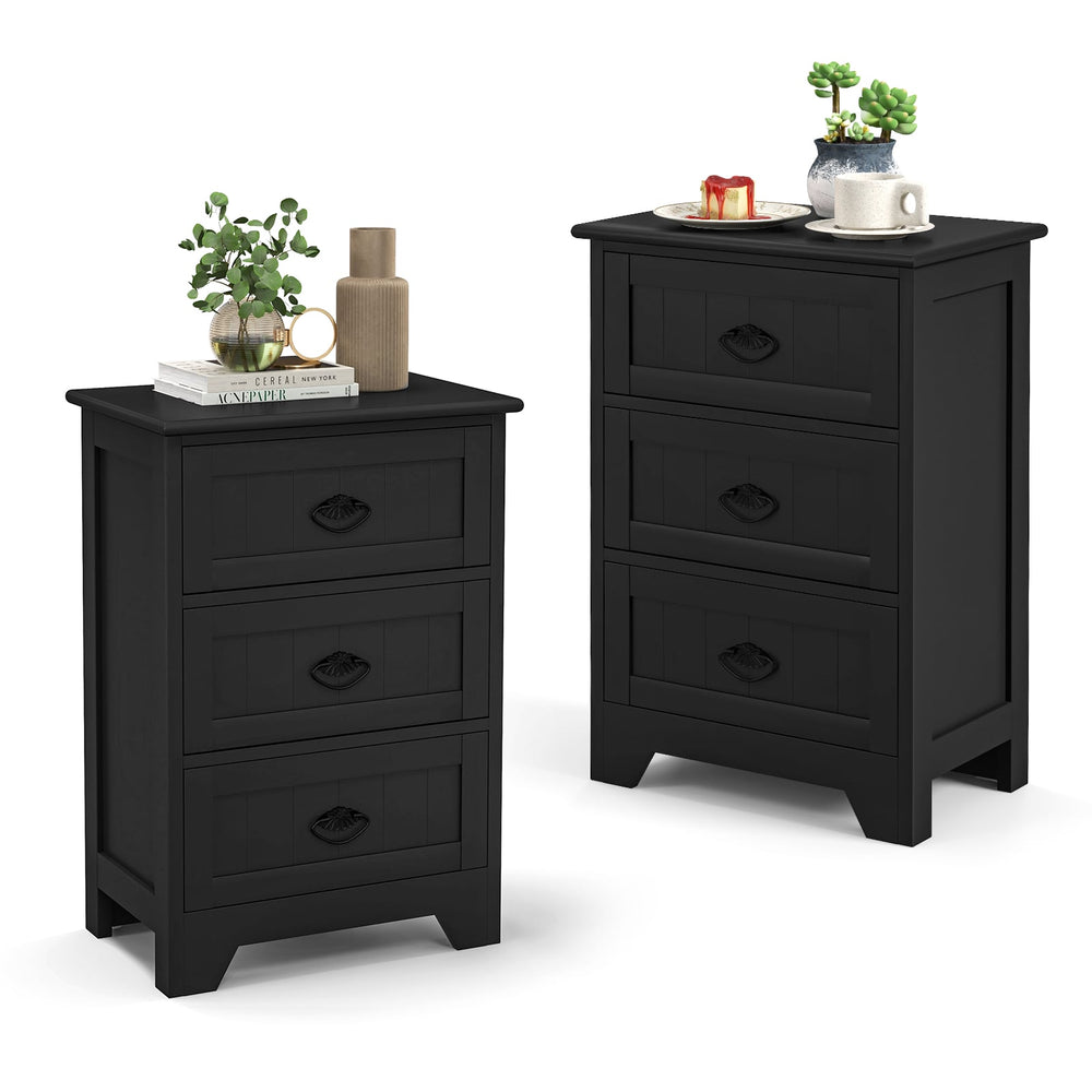 2 Pack Vintage 3-Tier Nightstand with Exquisite Metal Handles-Black