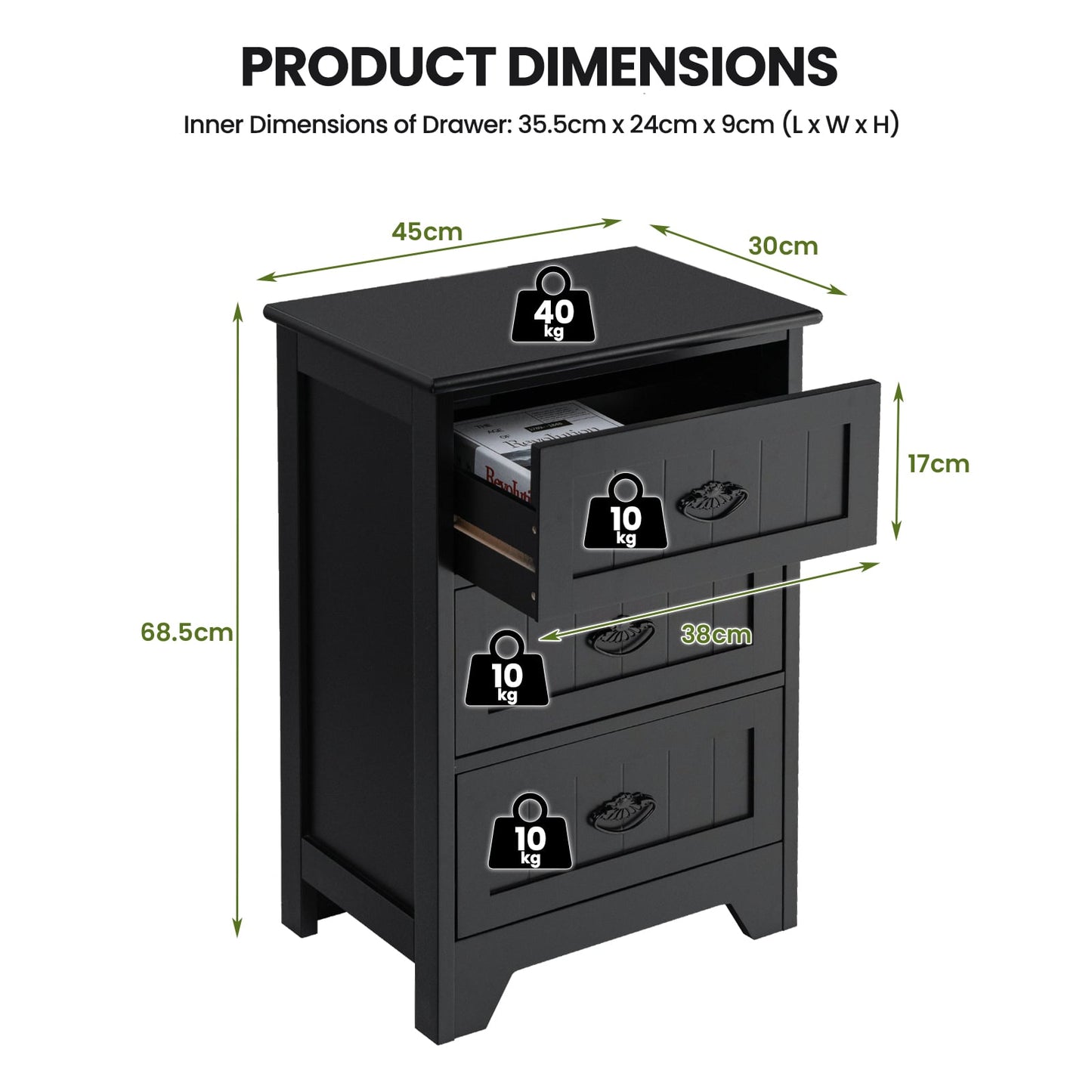 2 Pack Vintage 3-Tier Nightstand with Exquisite Metal Handles-Black