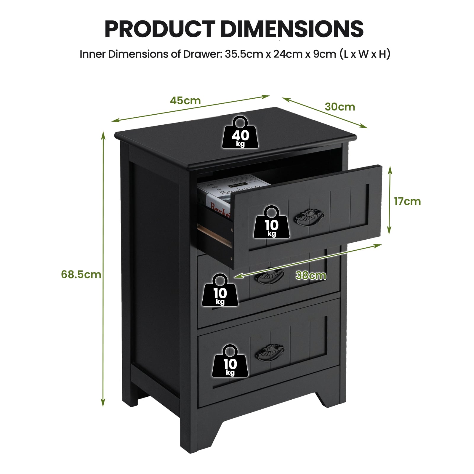 2 Pack Vintage 3-Tier Nightstand with Exquisite Metal Handles-Black