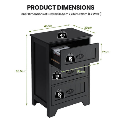 2 Pack Vintage 3-Tier Nightstand with Exquisite Metal Handles-Black