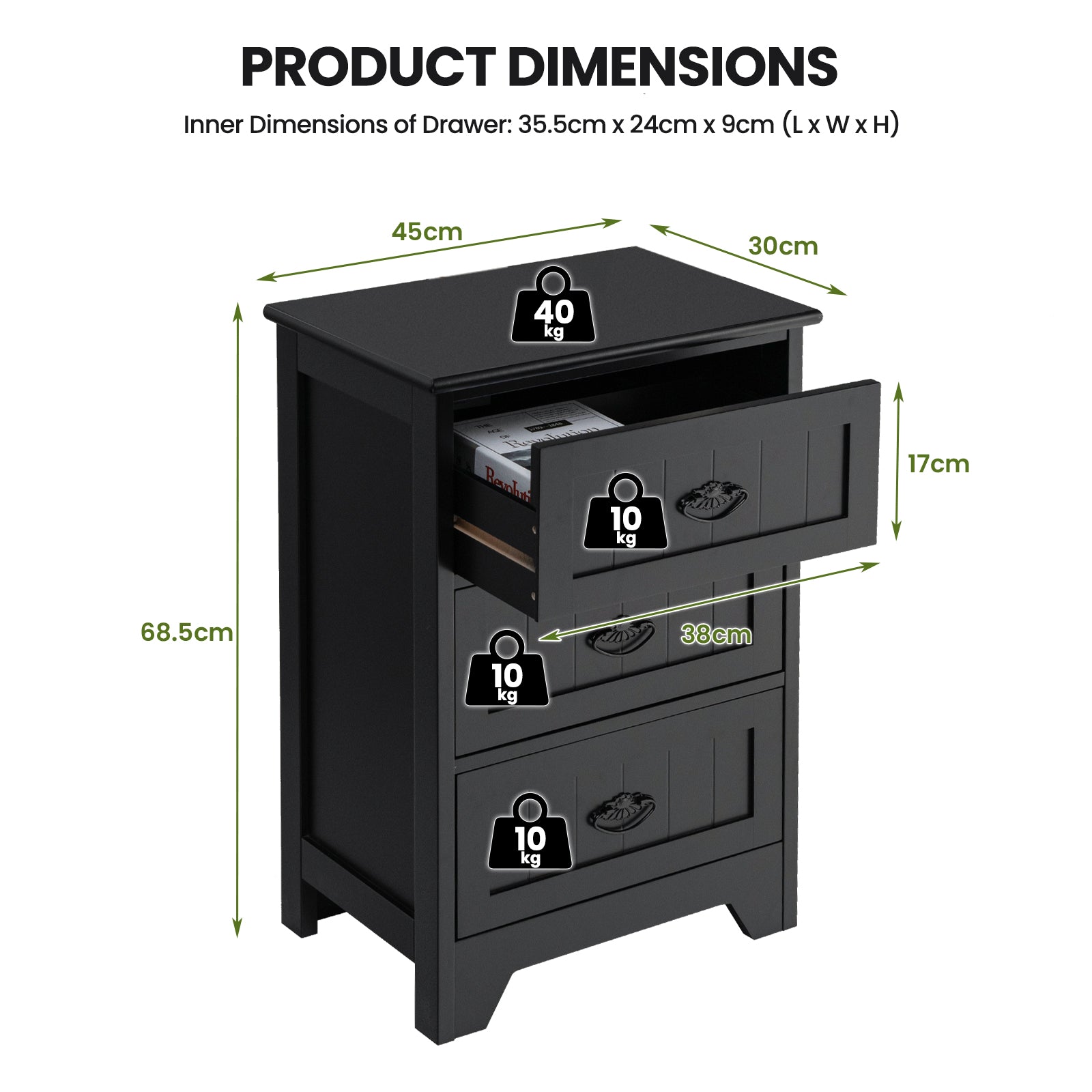 2 Pack Vintage 3-Tier Nightstand with Exquisite Metal Handles-Black