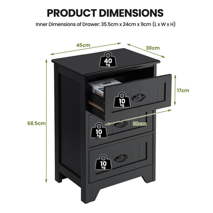 2 Pack Vintage 3-Tier Nightstand with Exquisite Metal Handles-Black