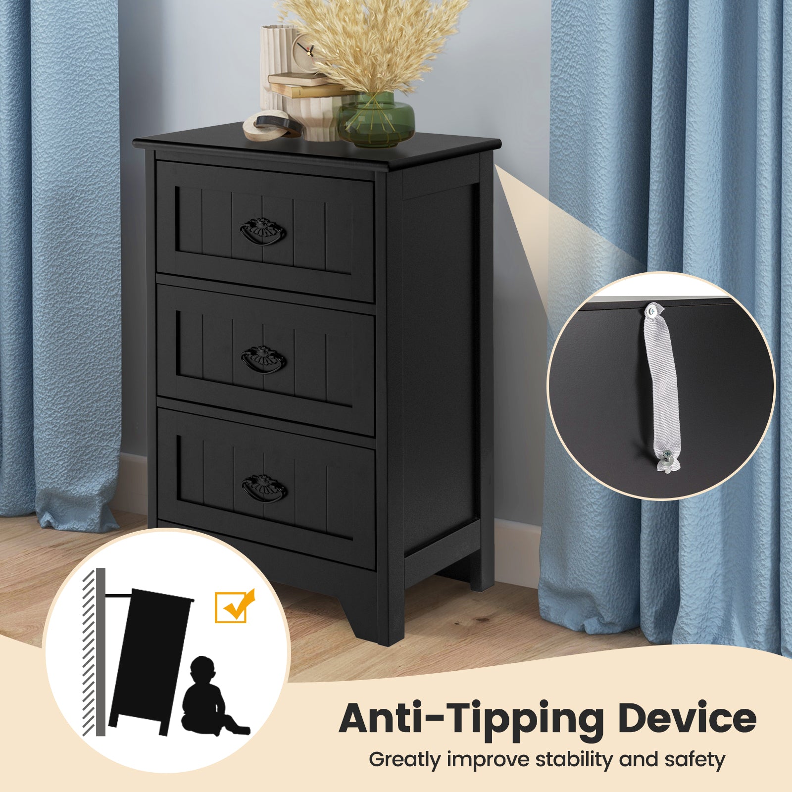 2 Pack Vintage 3-Tier Nightstand with Exquisite Metal Handles-Black
