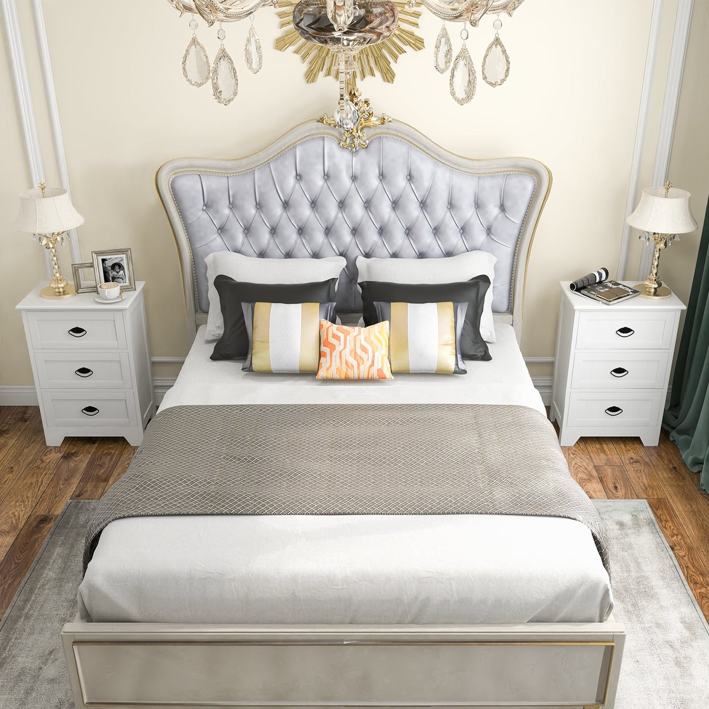 2 Pack Vintage 3-Tier Nightstand with Exquisite Metal Handles-White