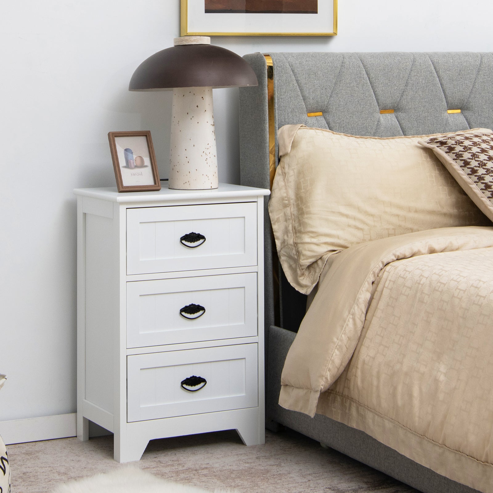 2 Pack Vintage 3-Tier Nightstand with Exquisite Metal Handles-White