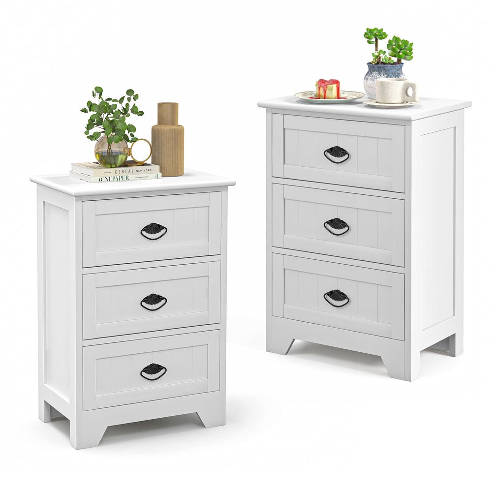 2 Pack Vintage 3-Tier Nightstand with Exquisite Metal Handles-White
