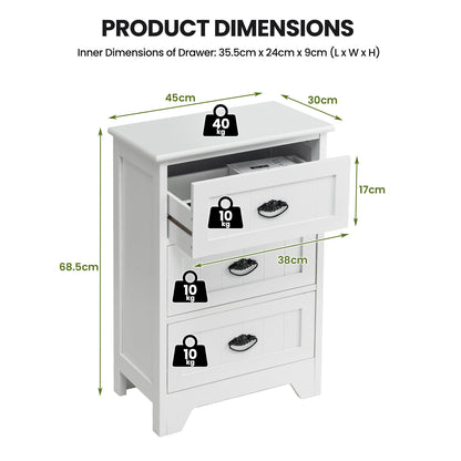 2 Pack Vintage 3-Tier Nightstand with Exquisite Metal Handles-White