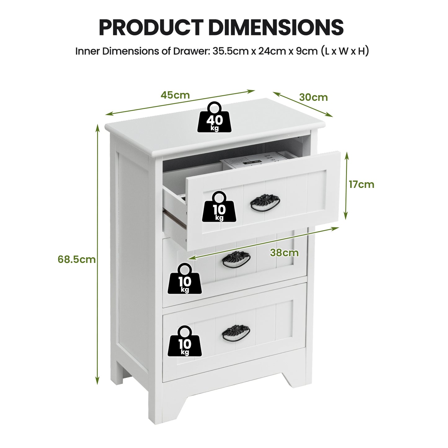 2 Pack Vintage 3-Tier Nightstand with Exquisite Metal Handles-White