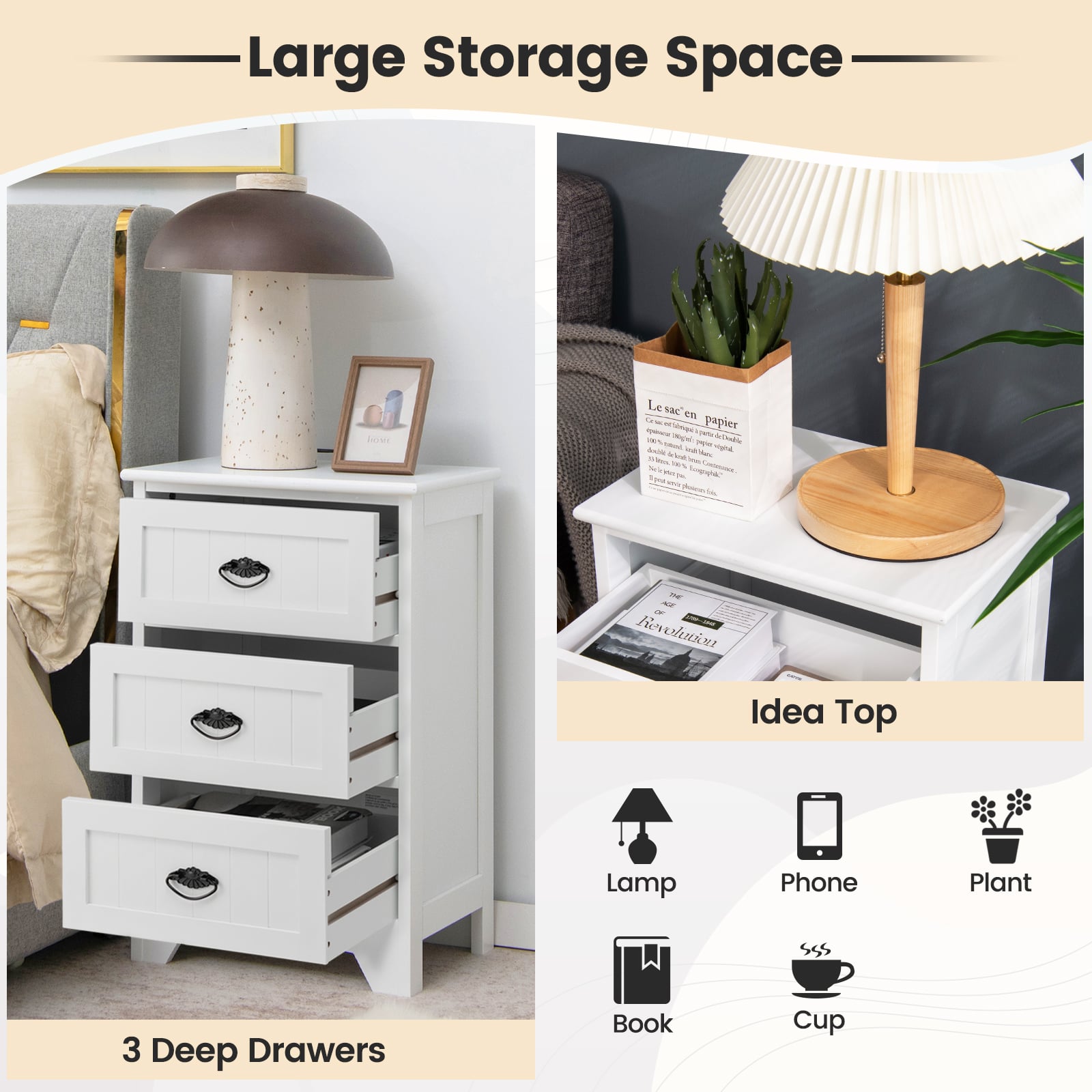 2 Pack Vintage 3-Tier Nightstand with Exquisite Metal Handles-White