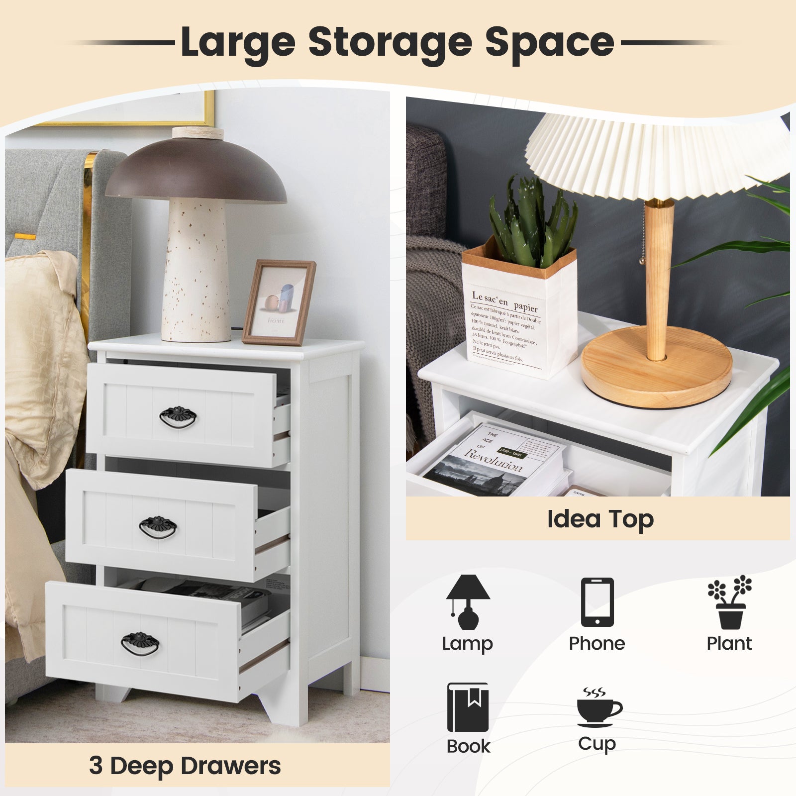 2 Pack Vintage 3-Tier Nightstand with Exquisite Metal Handles-White