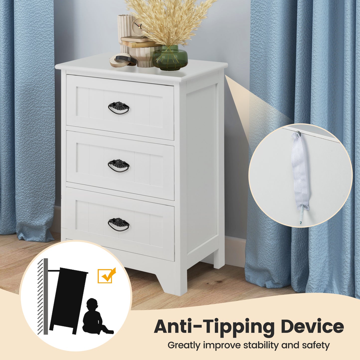 2 Pack Vintage 3-Tier Nightstand with Exquisite Metal Handles-White