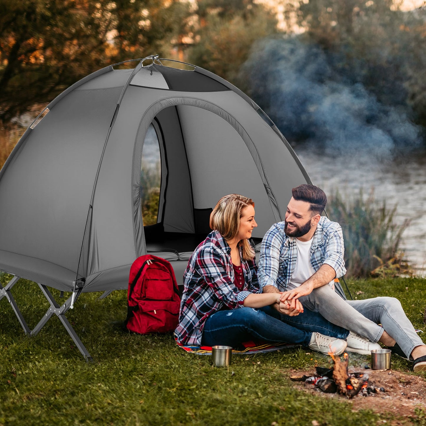 2-Person Camping Cot Tent Foldable Off-Ground Camping Combo for Adults-Grey