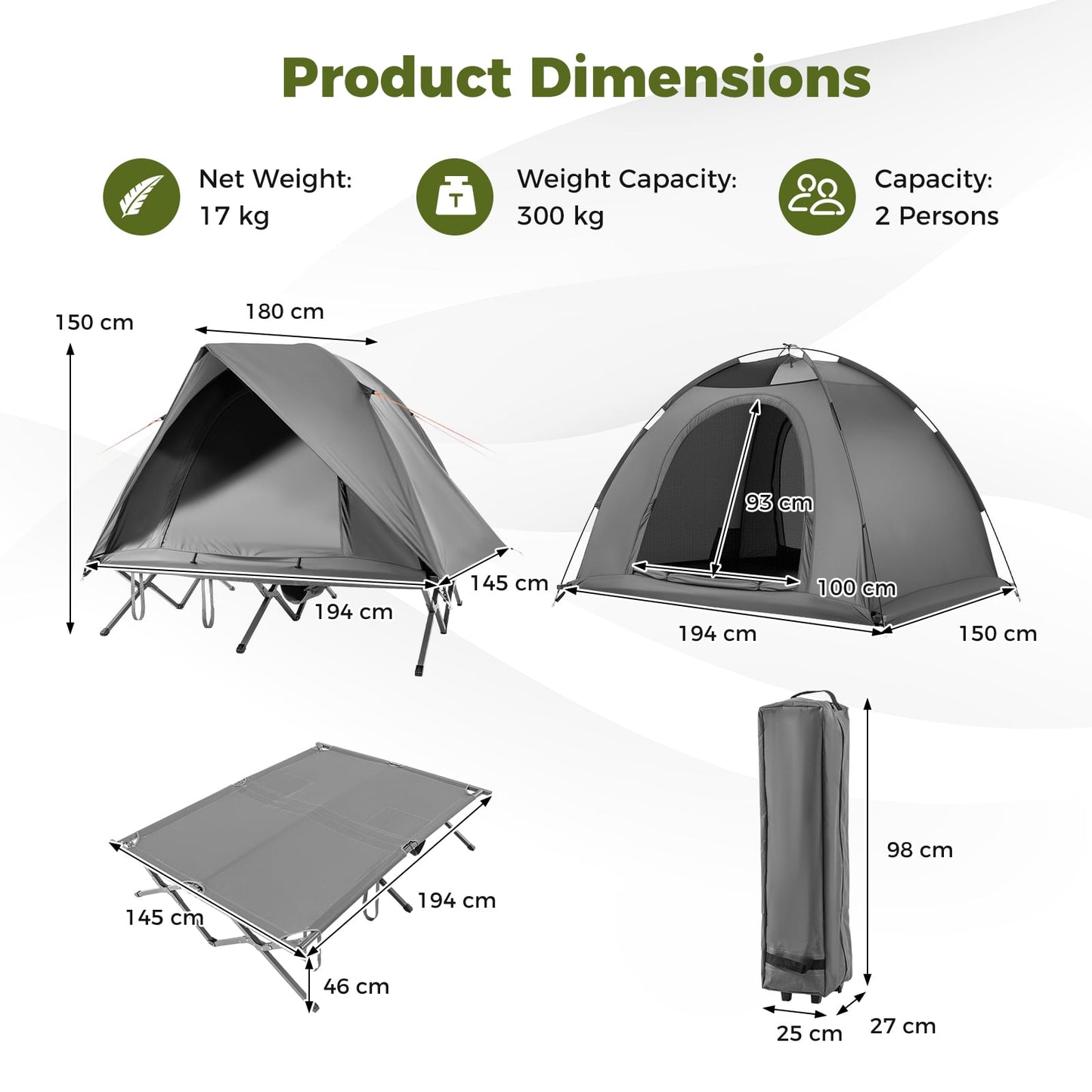 2-Person Camping Cot Tent Foldable Off-Ground Camping Combo for Adults-Grey