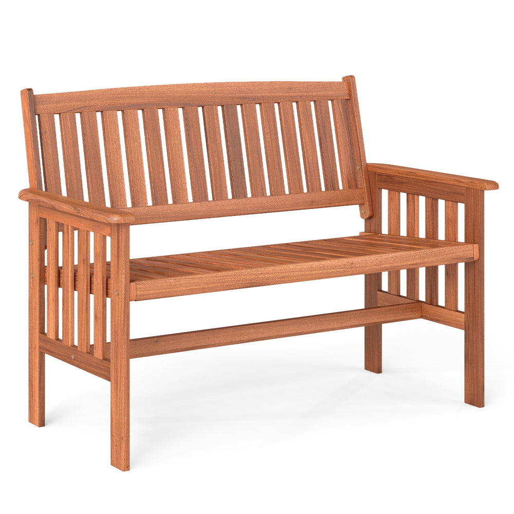 2-Person Outdoor Wood Garden Bench with Backrest Armrests and Slatted Seat