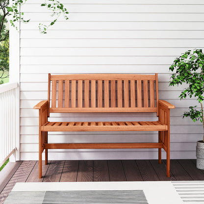 2-Person Outdoor Wood Garden Bench with Backrest Armrests and Slatted Seat