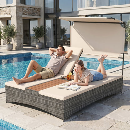 2-Person Rattan Sun Lounger with Canopy and Central Table-Beige