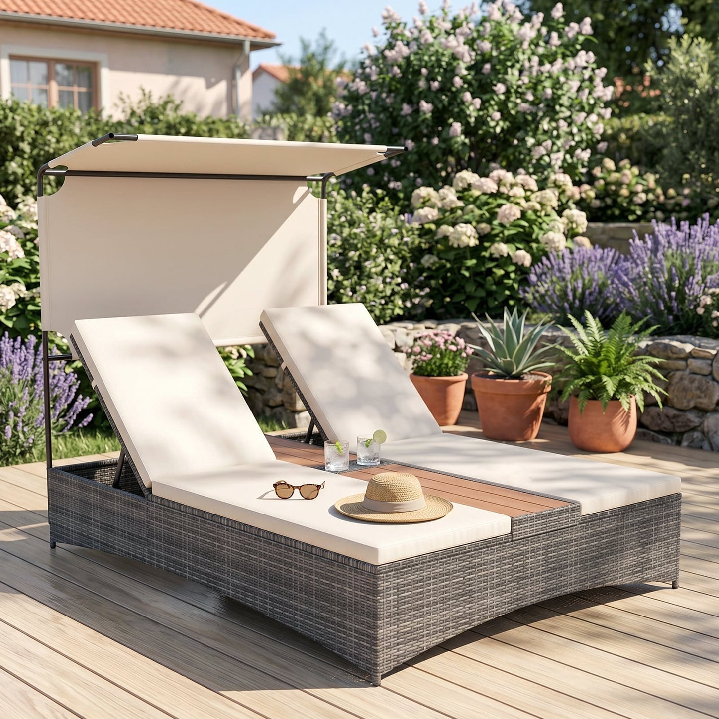 2-Person Rattan Sun Lounger with Canopy and Central Table-Beige