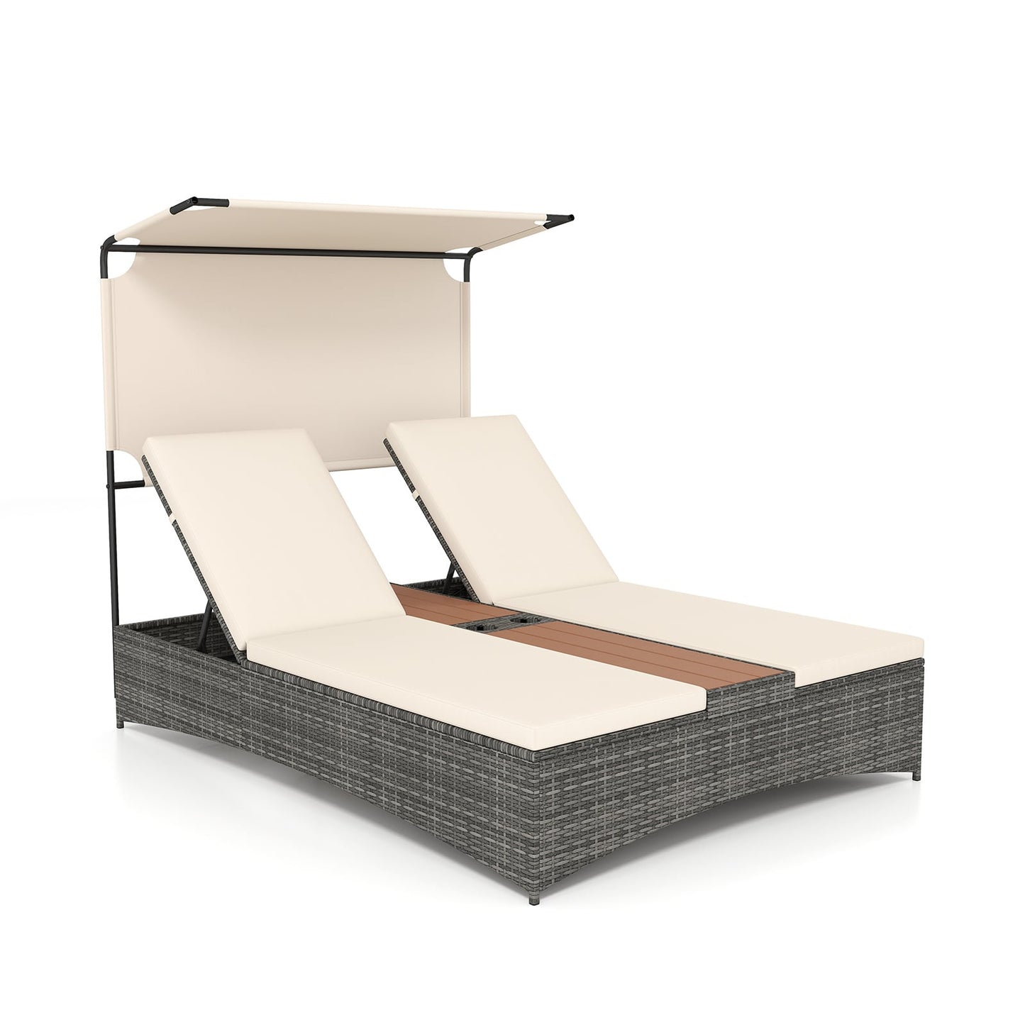 2-Person Rattan Sun Lounger with Canopy and Central Table-Beige