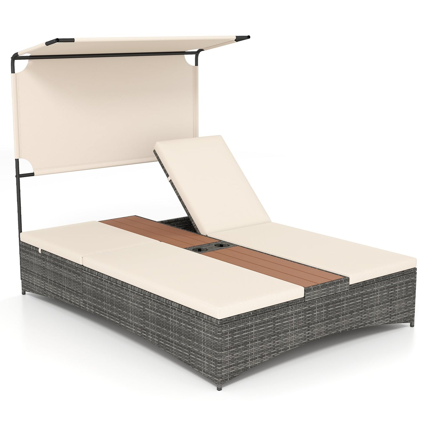 2-Person Rattan Sun Lounger with Canopy and Central Table-Beige