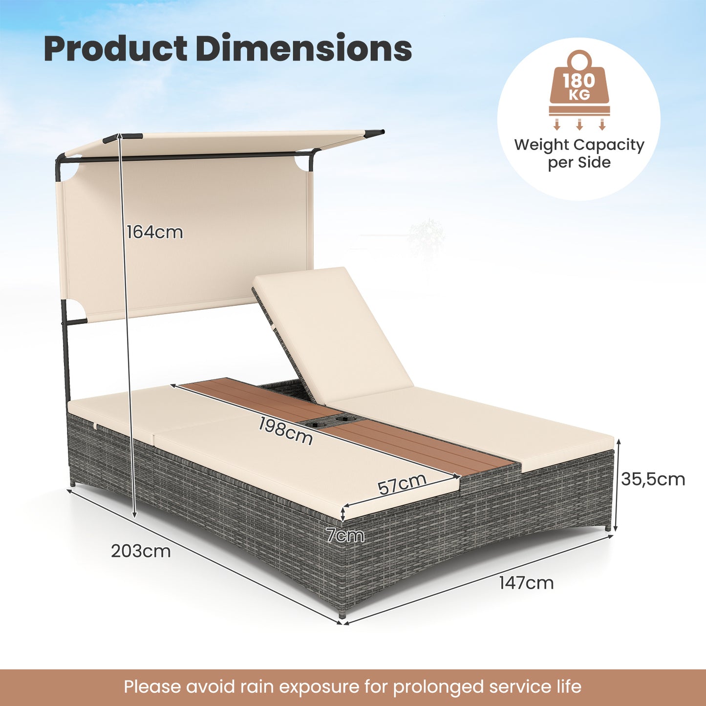 2-Person Rattan Sun Lounger with Canopy and Central Table-Beige