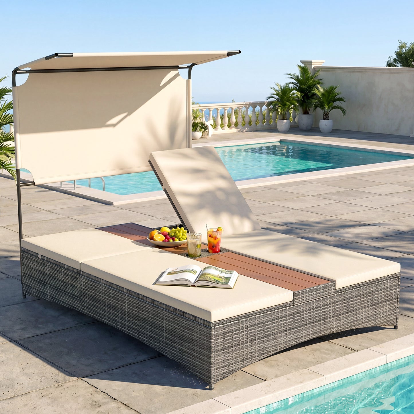 2-Person Rattan Sun Lounger with Canopy and Central Table-Beige