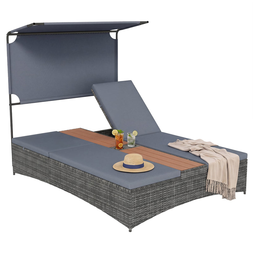 2-Person Rattan Sun Lounger with Canopy and Central Table-Grey